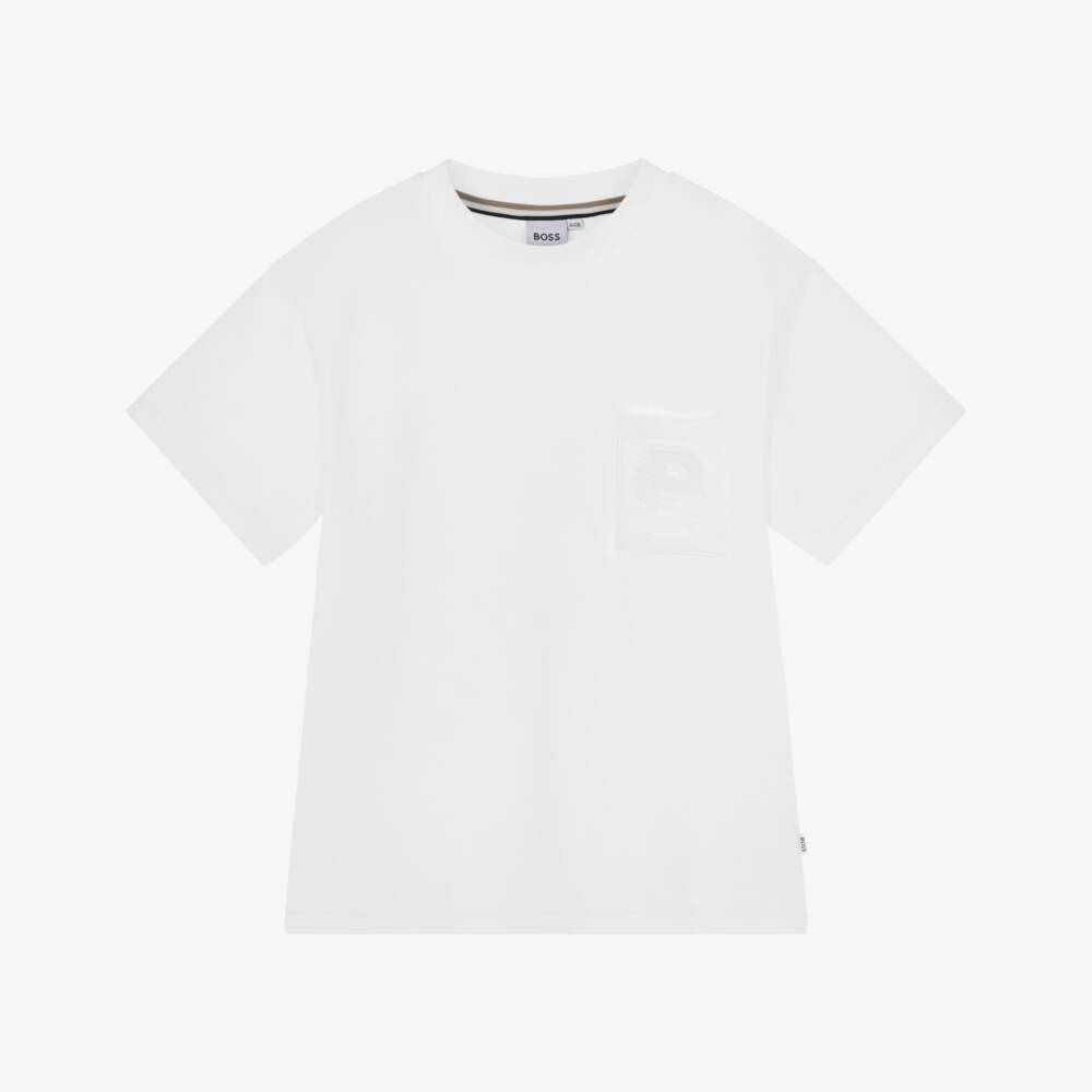 BOSS-Boys White Cotton Pocket Logo T-Shirt | Childrensalon