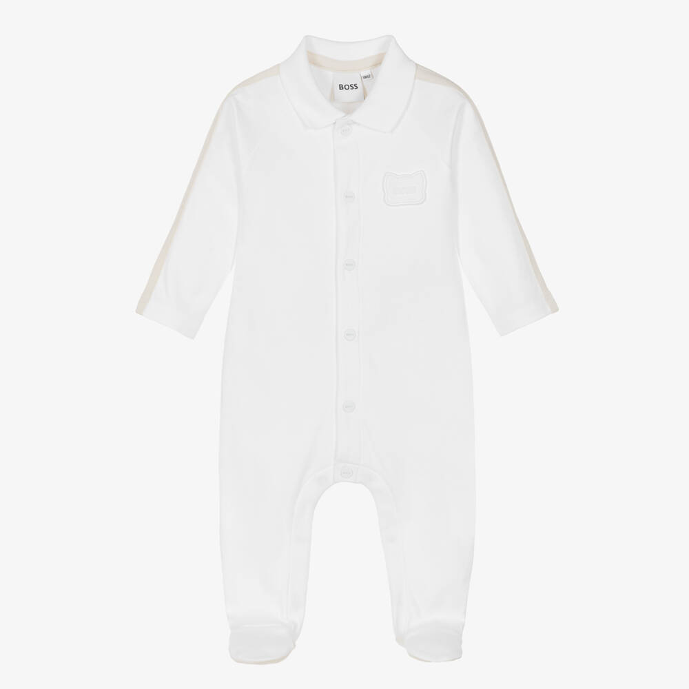 BOSS-Boys White Cotton Polo Collar Babygrow with Red Panda Logo | Childrensalon