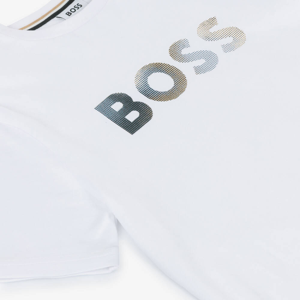 BOSS-Boys White Cotton T-Shirt with Blue & Yellow Gradient Logo | Childrensalon