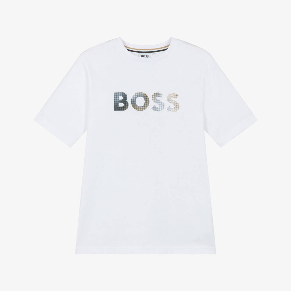 BOSS-Boys White Cotton T-Shirt with Gradient Logo | Childrensalon