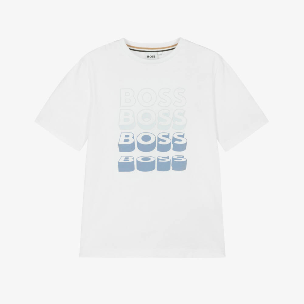 BOSS-Boys White Cotton T-Shirt with Repeat Blue Logo | Childrensalon