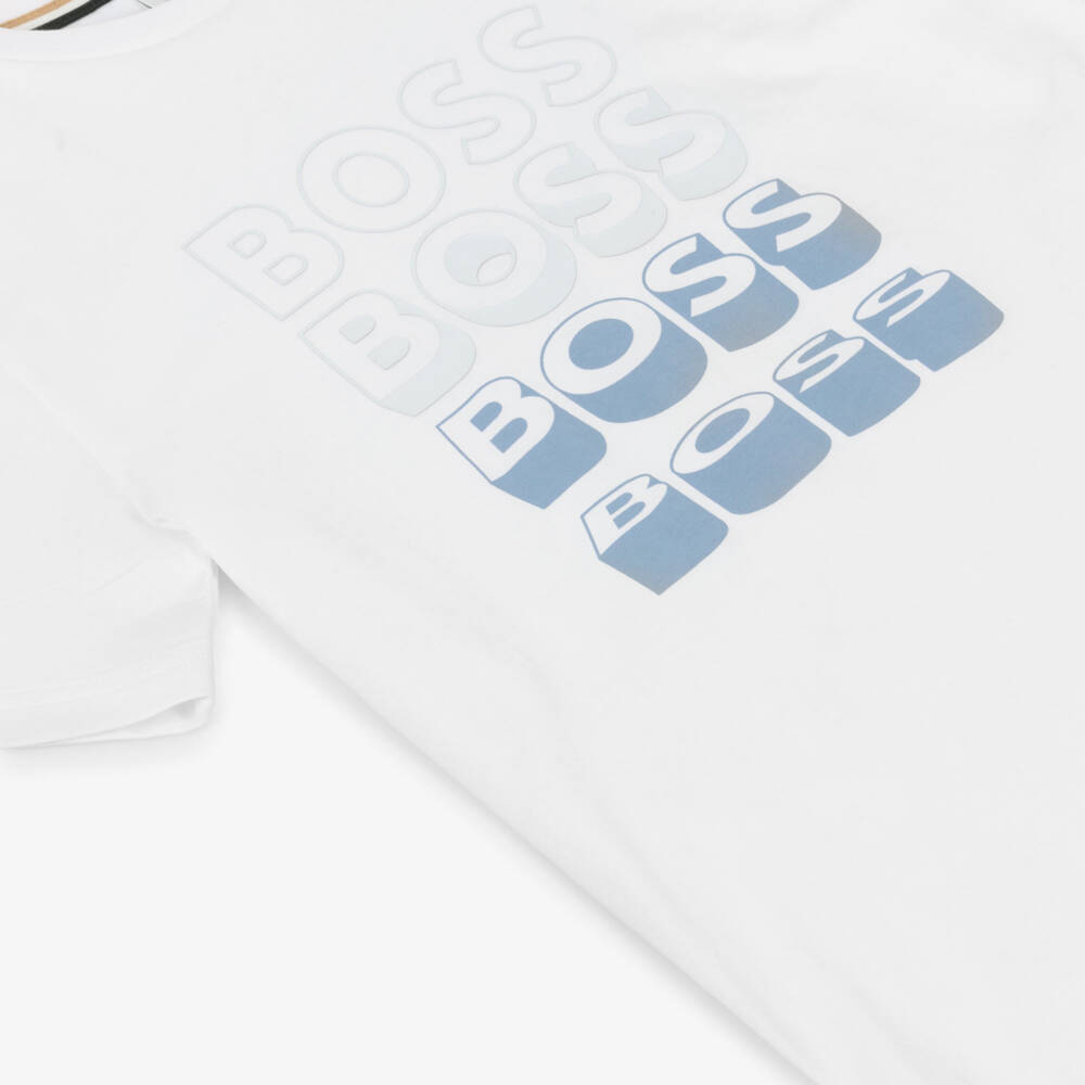 BOSS-Футболка белая из хлопка с синим логотипом для мальчиков | Childrensalon