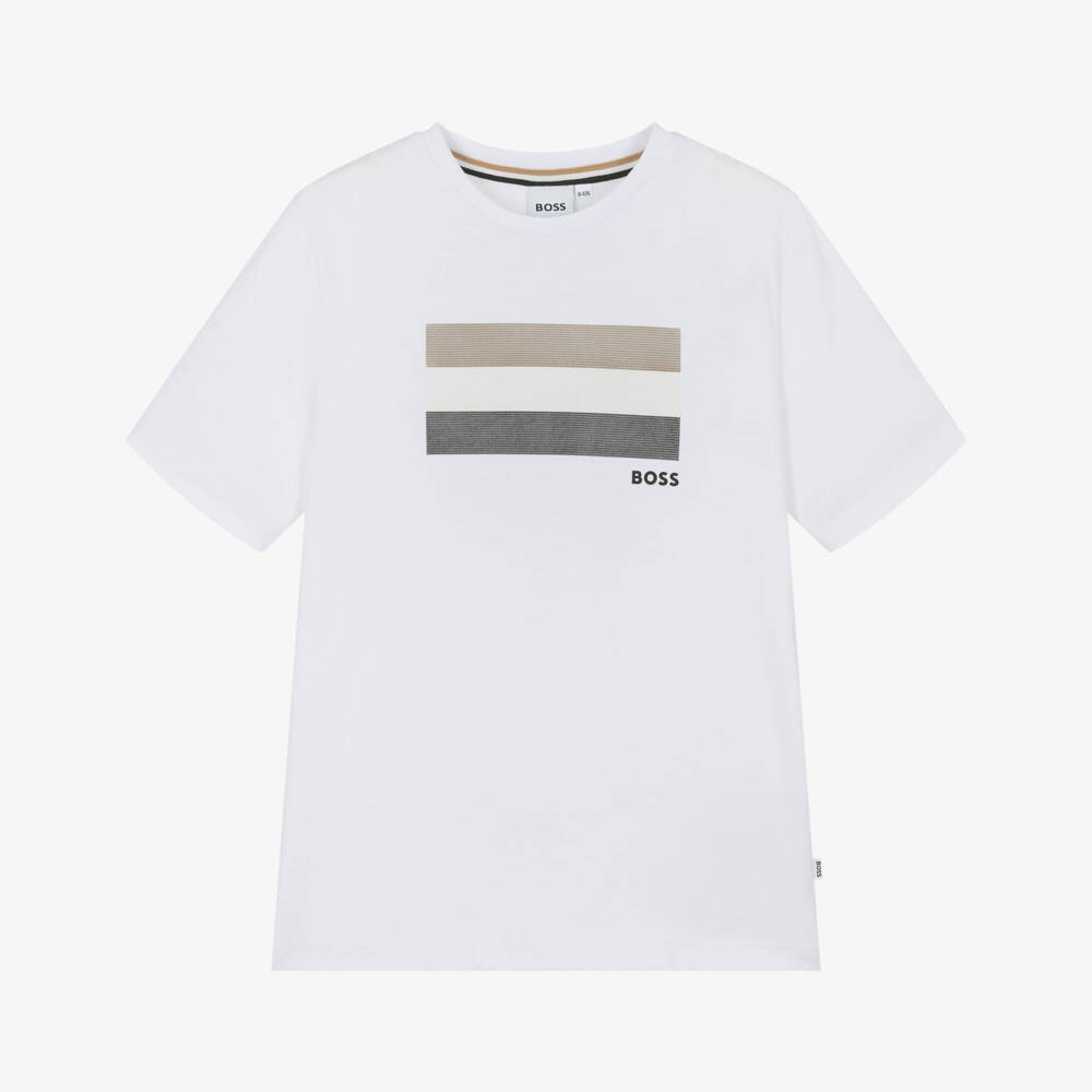 BOSS-Boys White Cotton T-Shirt with Tricolour Logo Print | Childrensalon