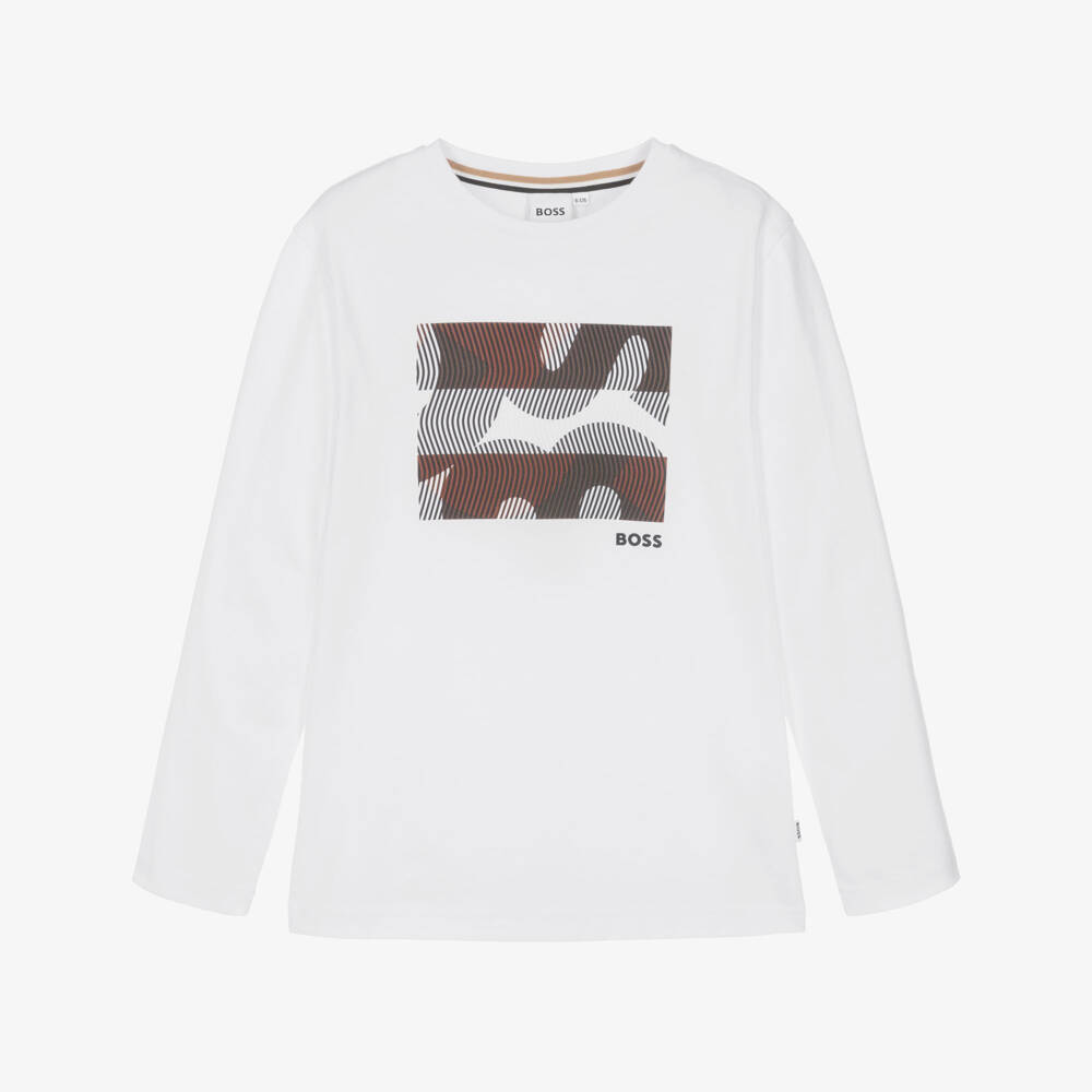 BOSS-Boys White Cotton Top with Graphic Logo | Childrensalon