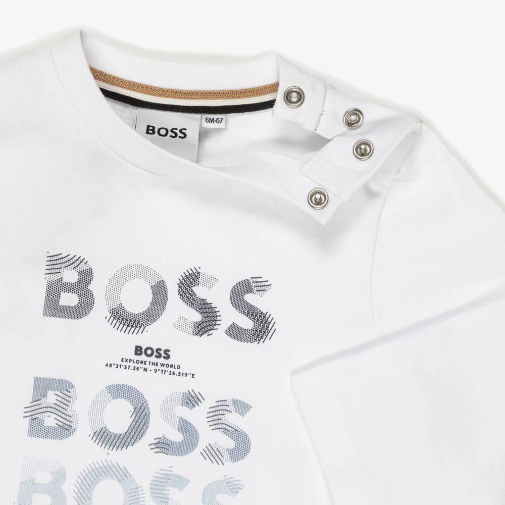 BOSS-Boys White Cotton Triple Logo Print Top | Childrensalon