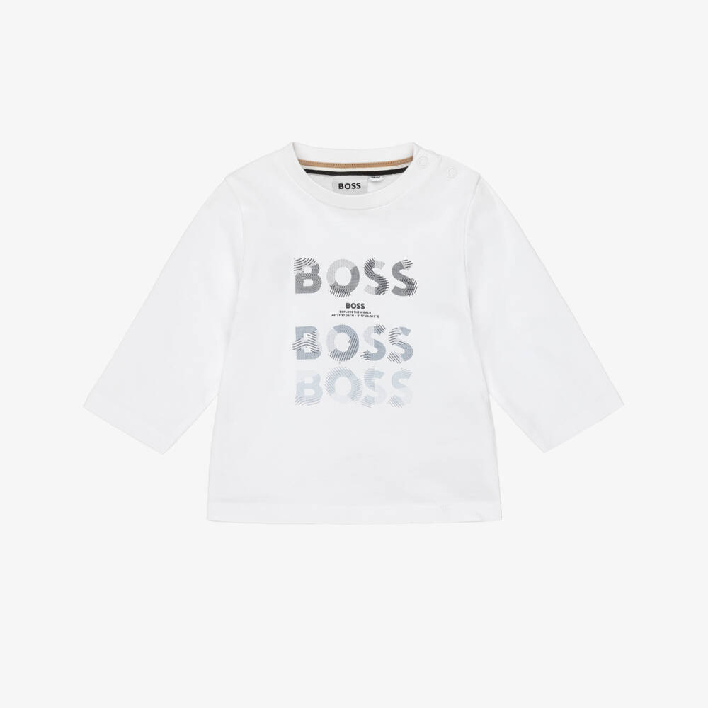 BOSS-Boys White Cotton Triple Logo Print Top | Childrensalon