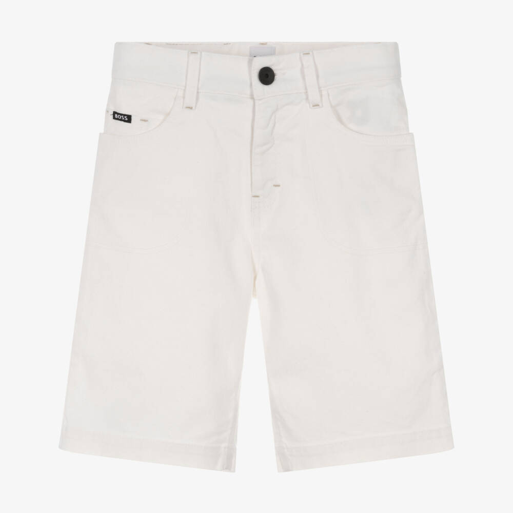 BOSS-Boys White Denim Shorts | Childrensalon