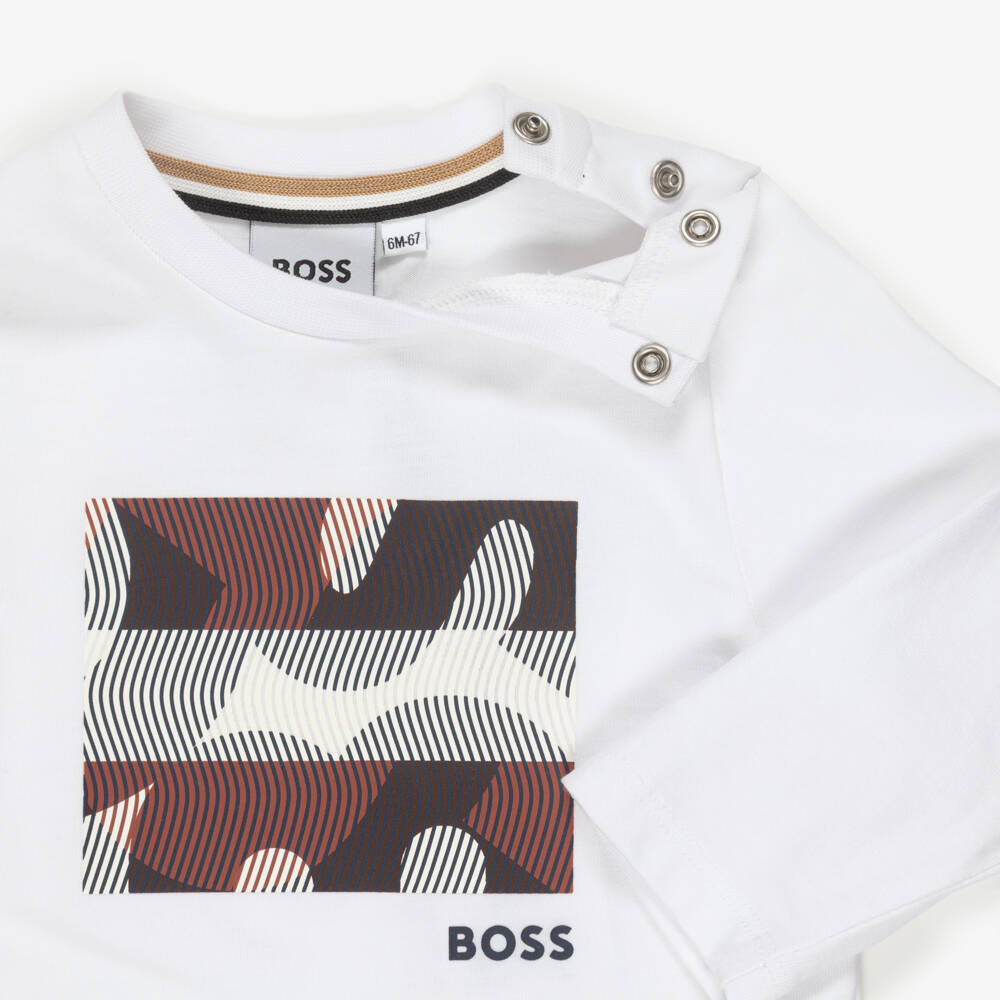 BOSS-Boys White Graphic Logo Long Sleeved Top | Childrensalon