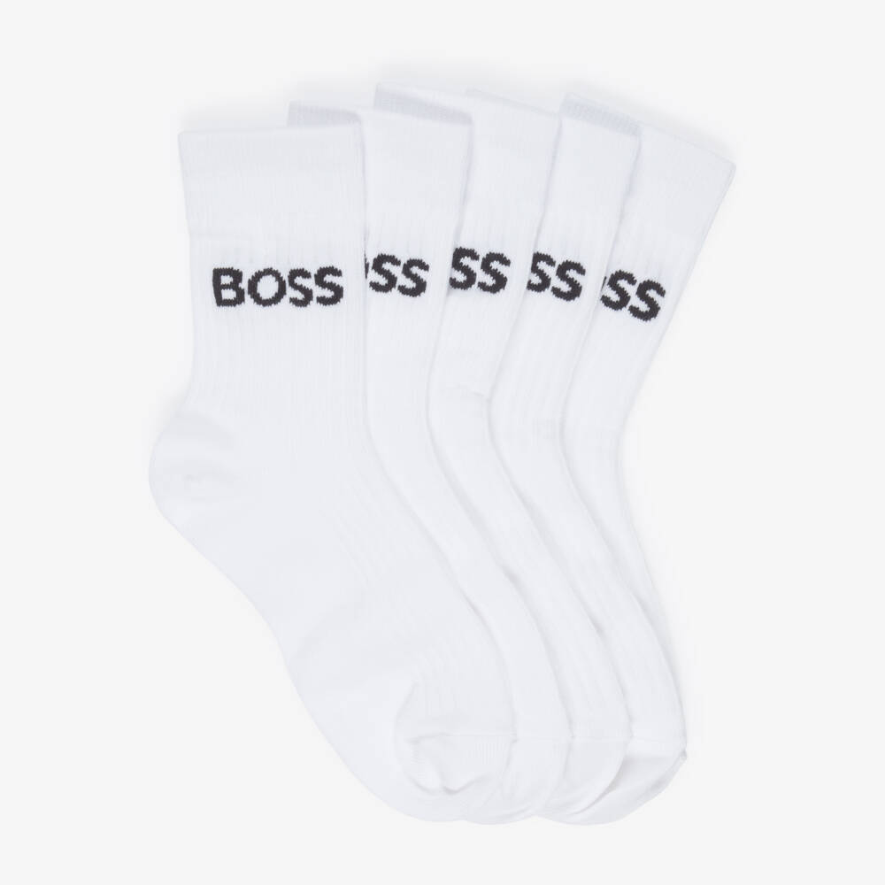 BOSS-Boys White Knitted Ankle Socks (5 Pack) | Childrensalon