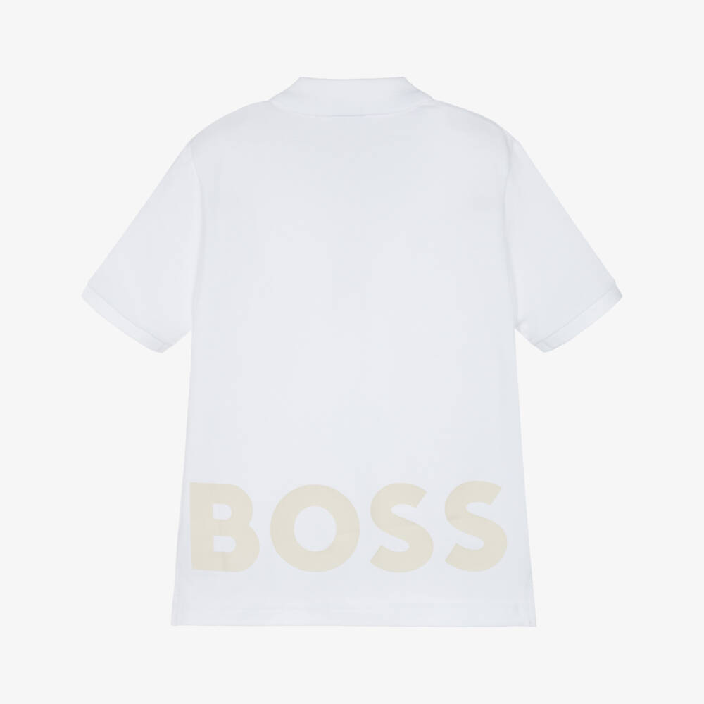 BOSS-Boys White Large Logo Cotton Polo Shirt | Childrensalon