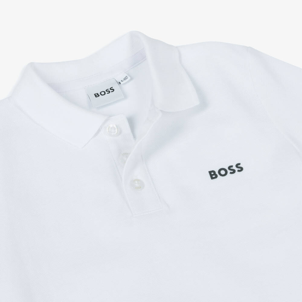 BOSS-Boys White Large Logo Cotton Polo Shirt | Childrensalon