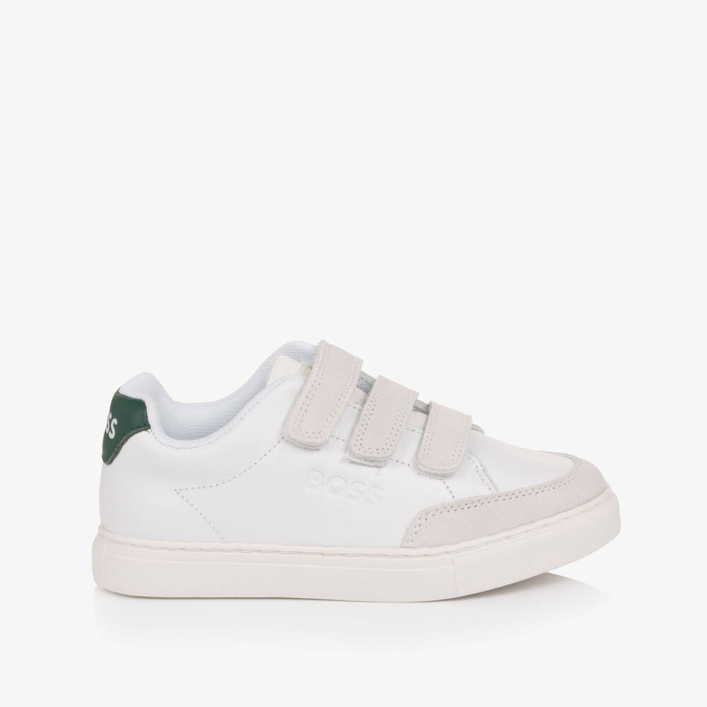 BOSS-Boys White Leather & Grey Suede Velcro Trainers | Childrensalon