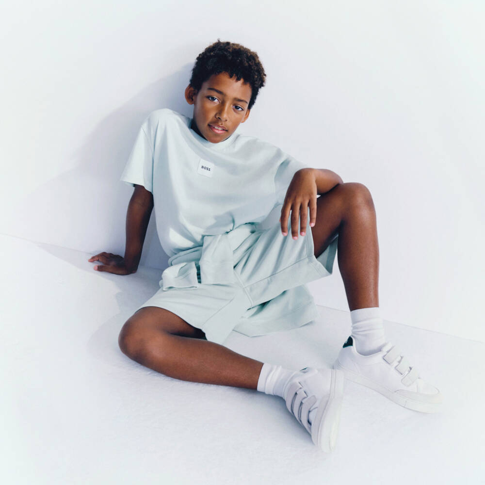 BOSS-Boys White Leather & Grey Suede Velcro Trainers | Childrensalon