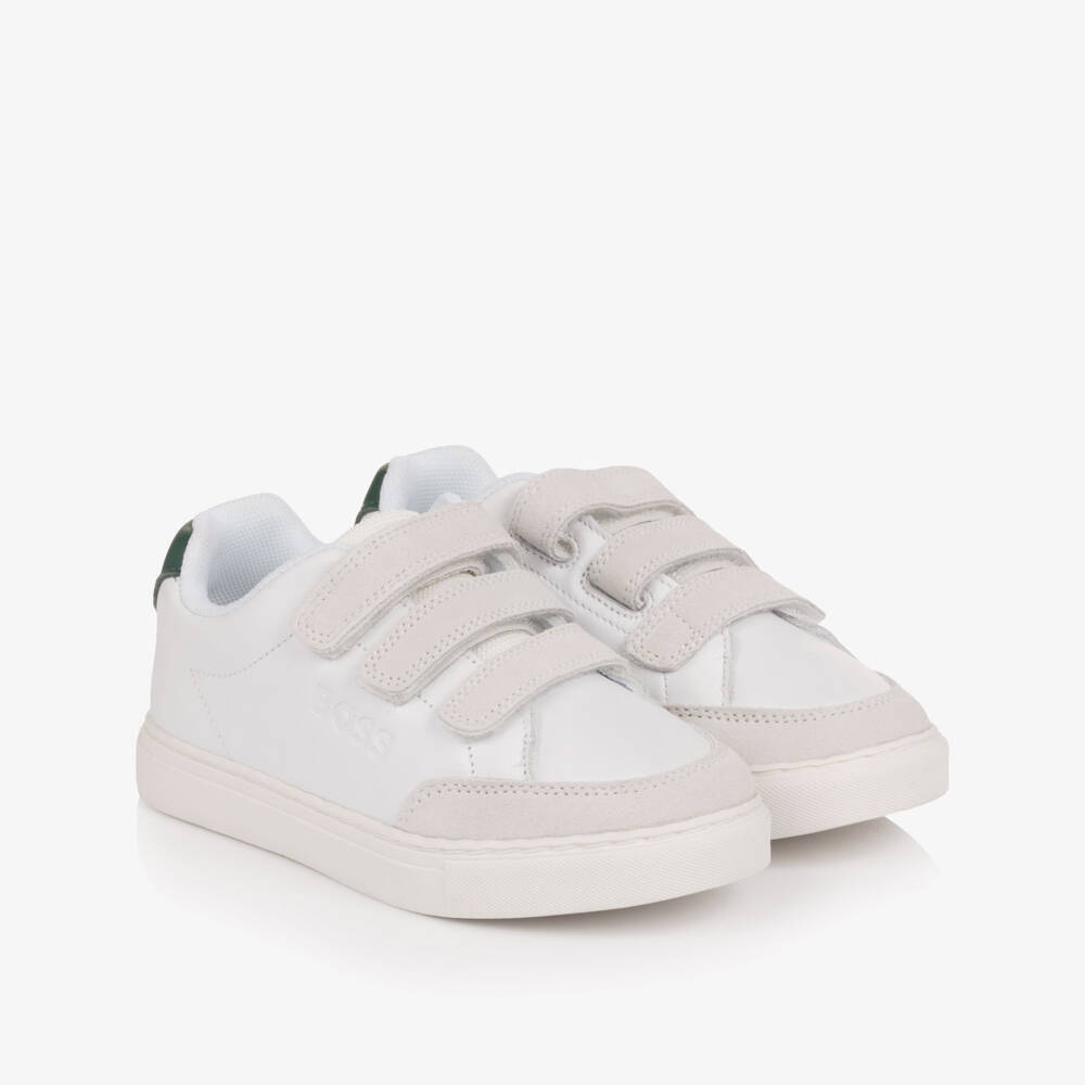 BOSS-Boys White Leather & Grey Suede Velcro Trainers | Childrensalon
