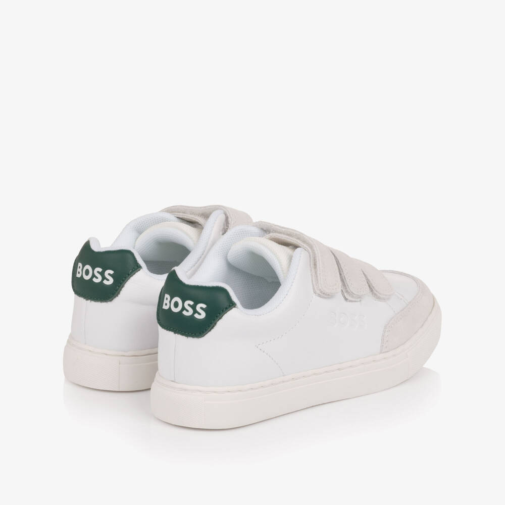 BOSS-Boys White Leather & Grey Suede Velcro Trainers | Childrensalon
