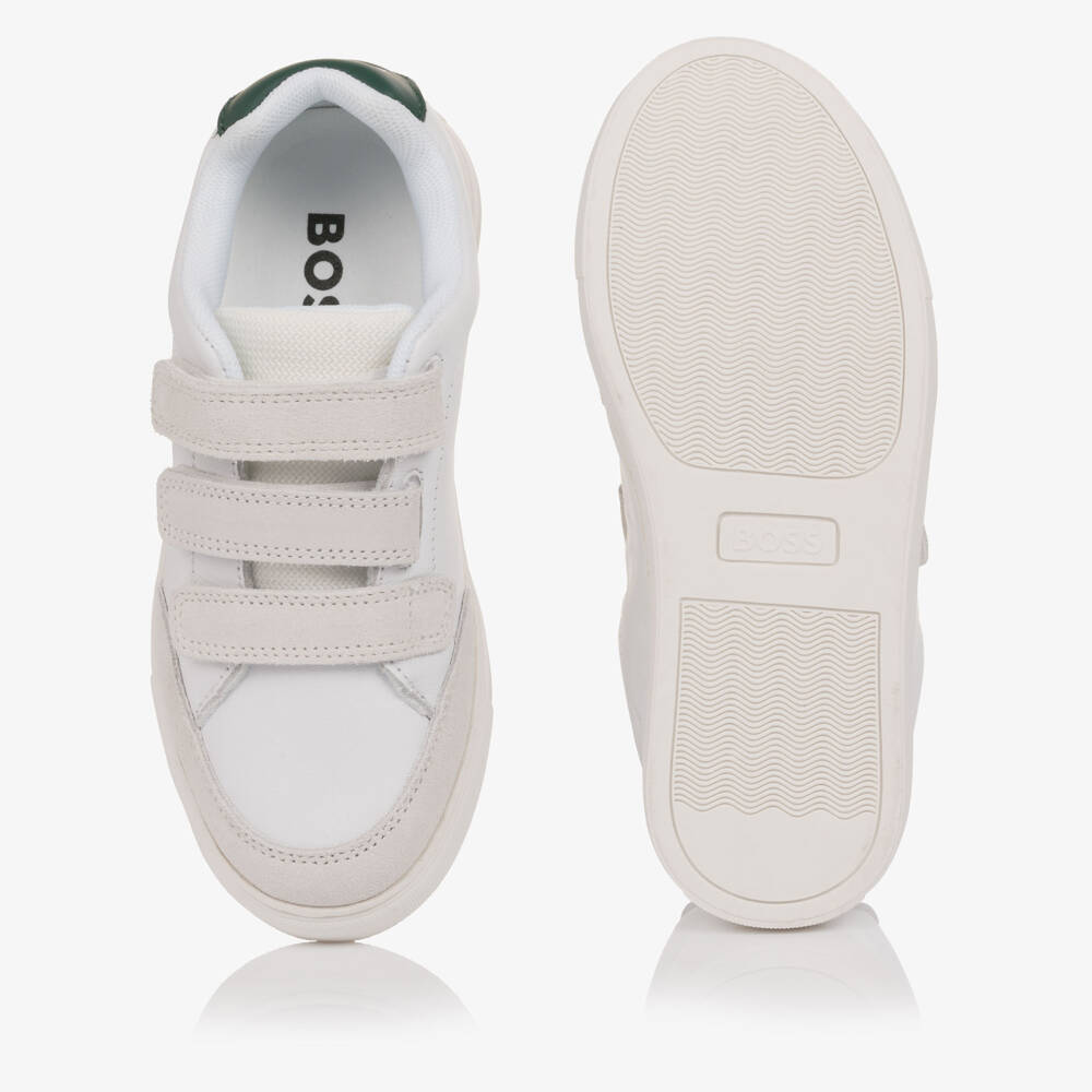BOSS-Boys White Leather & Grey Suede Velcro Trainers | Childrensalon