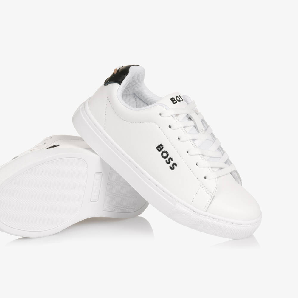 BOSS-Boys White Leather Lace-Up Trainers | Childrensalon