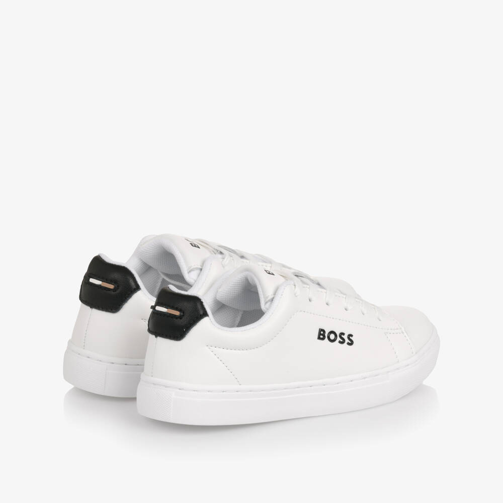 BOSS-Boys White Leather Lace-Up Trainers | Childrensalon
