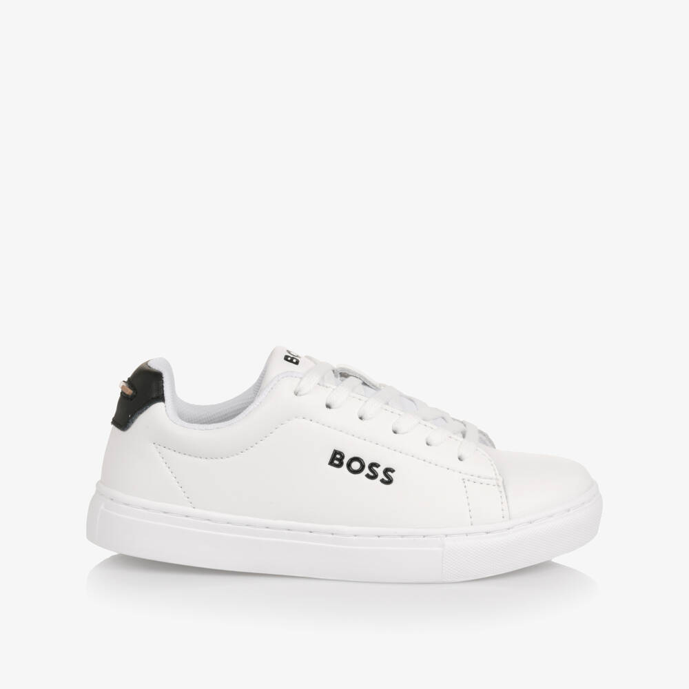 BOSS-Boys White Leather Lace-Up Trainers | Childrensalon