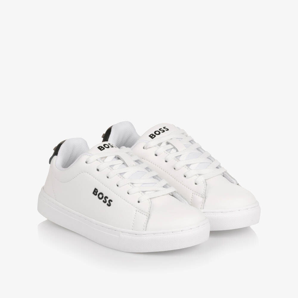 BOSS-Boys White Leather Lace-Up Trainers | Childrensalon