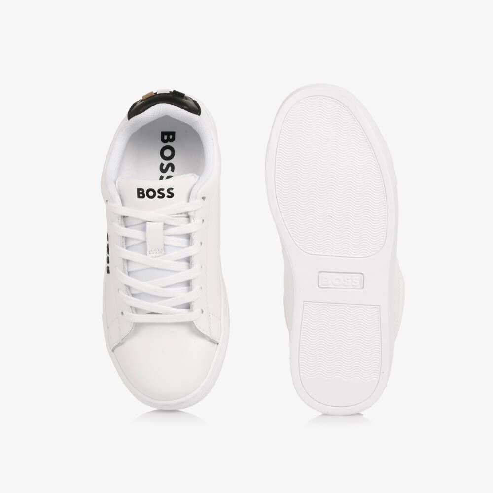 BOSS-Boys White Leather Lace-Up Trainers | Childrensalon