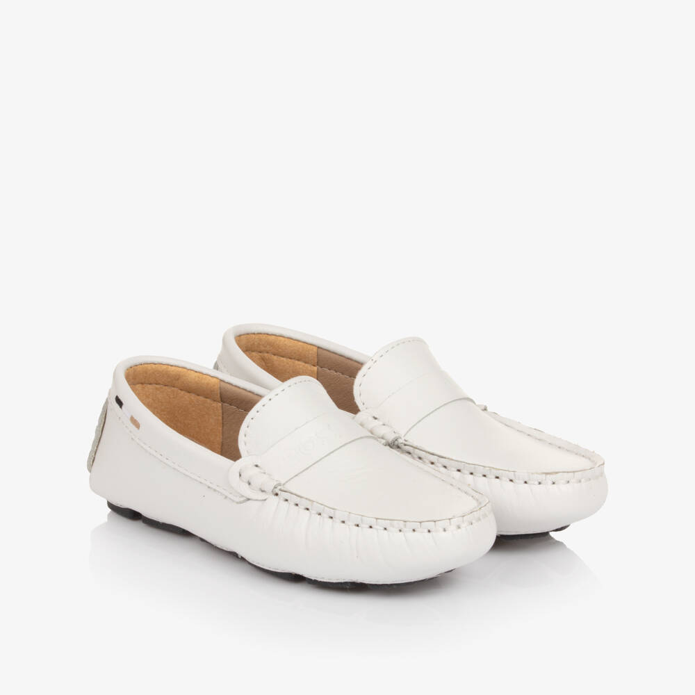 BOSS-Boys White Leather Moccasins with Logo Strap | Childrensalon