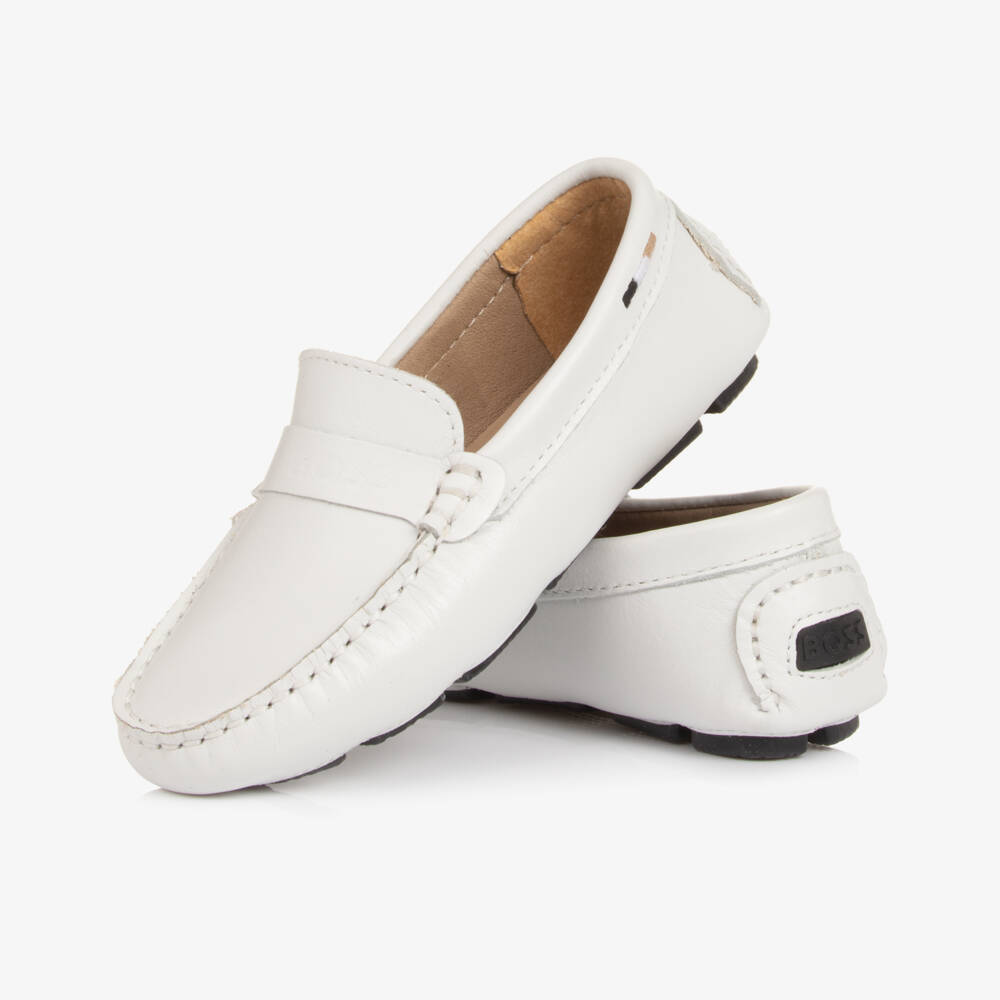 BOSS-Boys White Leather Moccasins with Logo Strap | Childrensalon