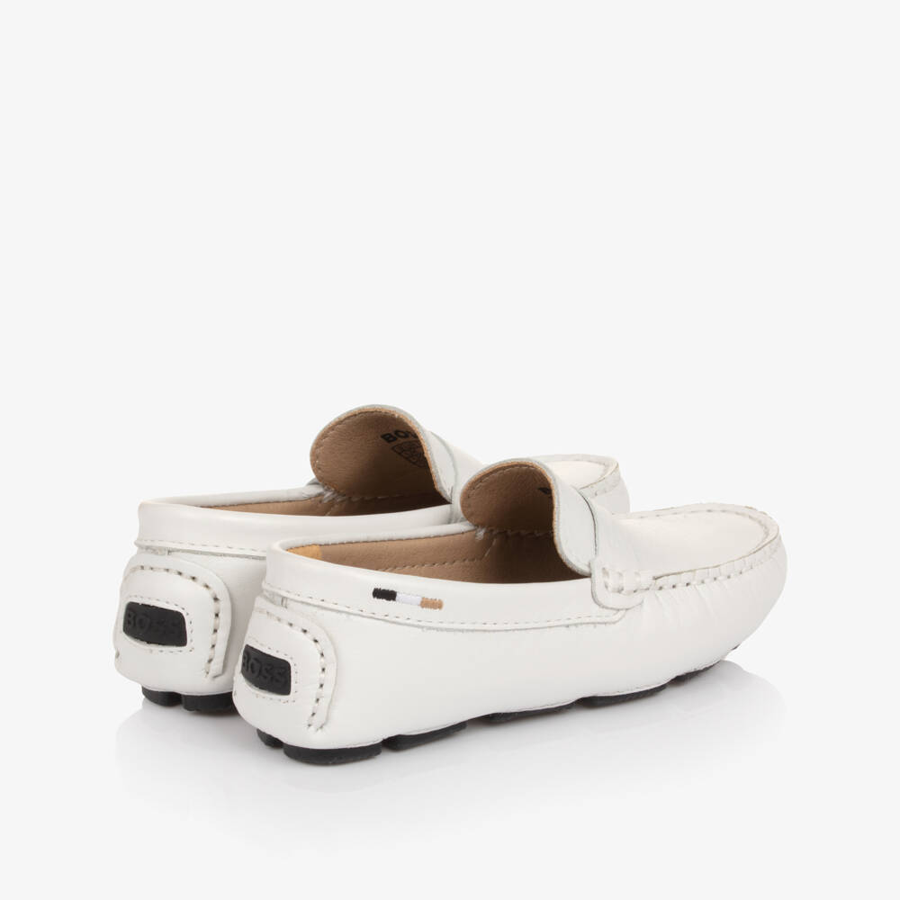 BOSS-Boys White Leather Moccasins with Logo Strap | Childrensalon