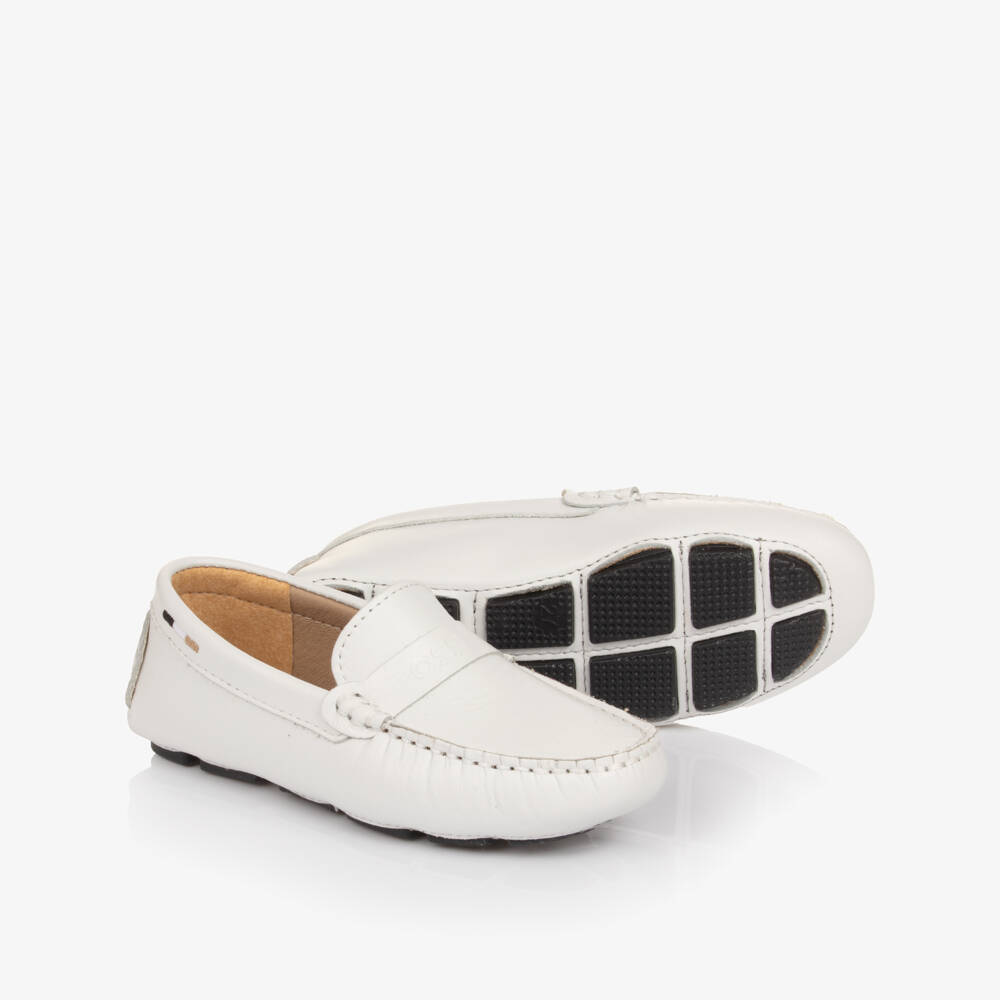 BOSS-Boys White Leather Moccasins with Logo Strap | Childrensalon