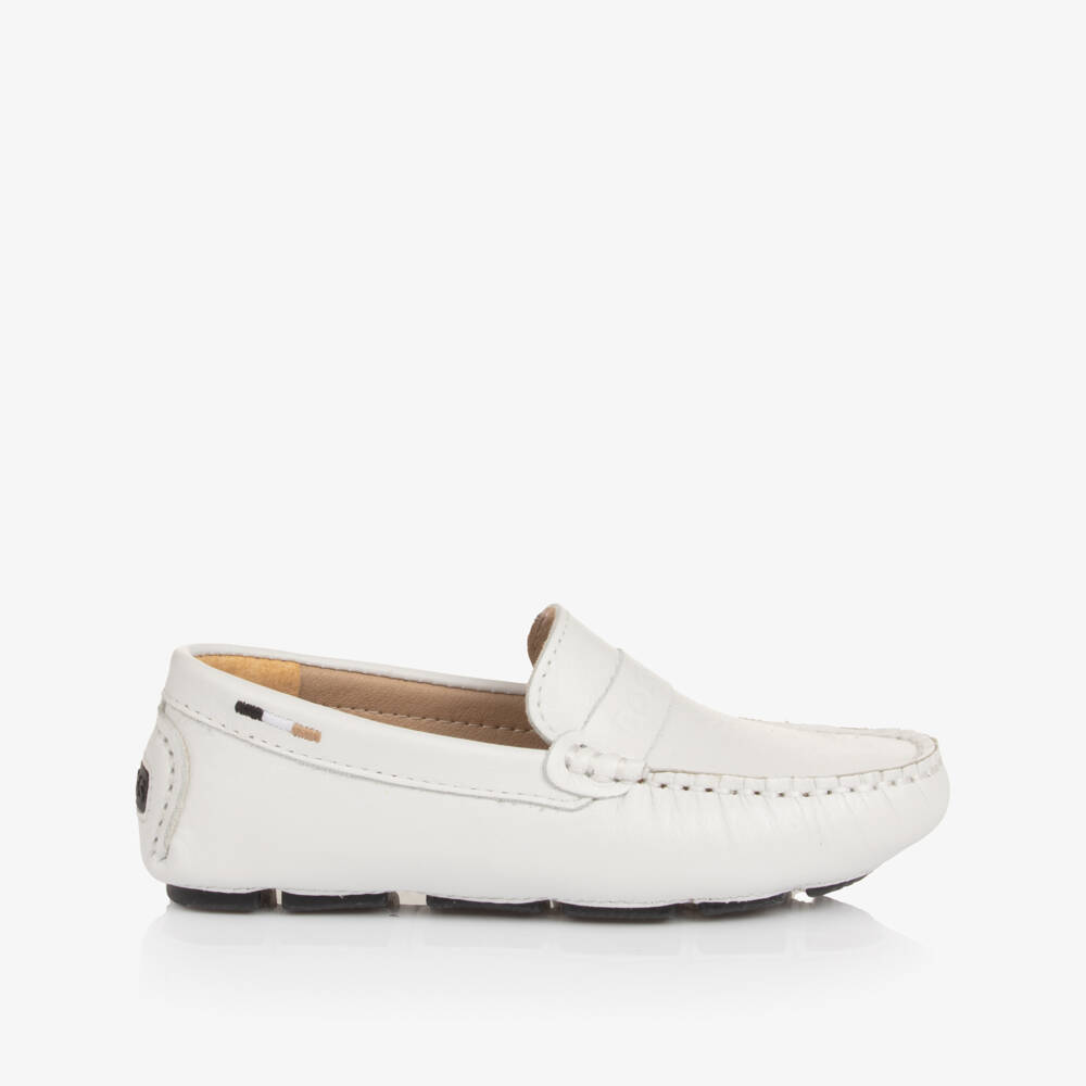 BOSS-Boys White Leather Moccasins with Logo Strap | Childrensalon