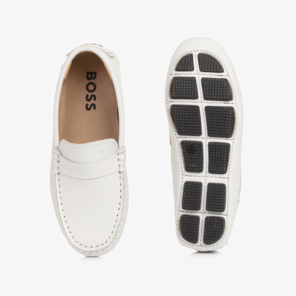 BOSS-Boys White Leather Moccasins with Logo Strap | Childrensalon