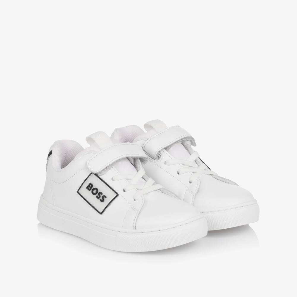 BOSS-Boys White Leather Trainers | Childrensalon