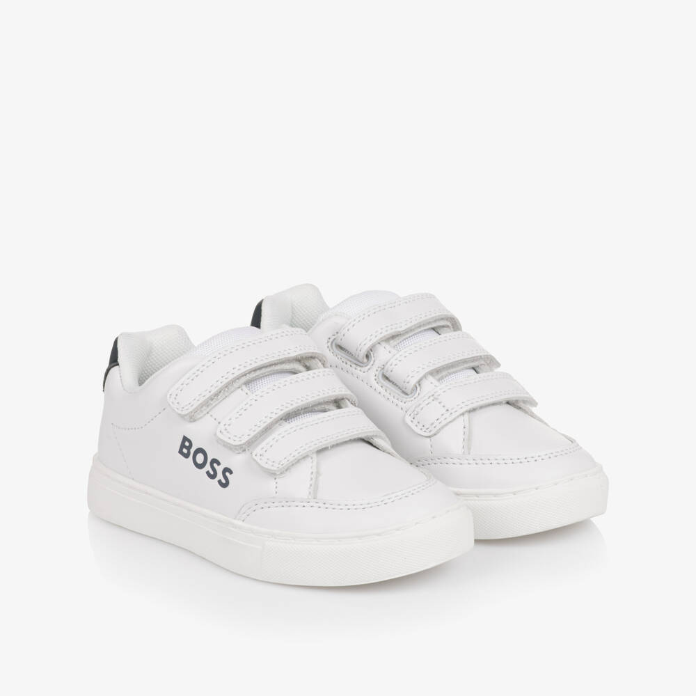 BOSS-Boys White Leather Trainers with Velcro Fastening Straps | Childrensalon