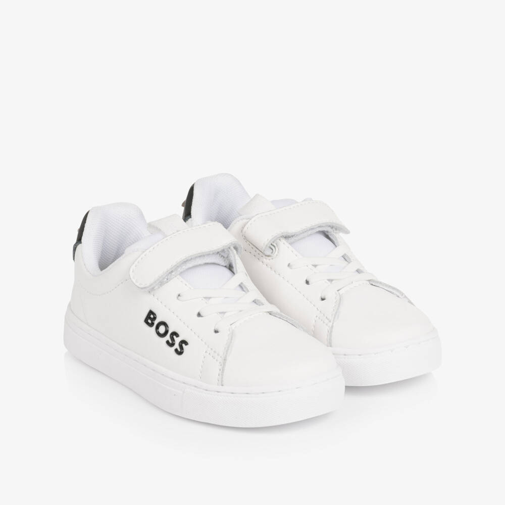 BOSS-Кроссовки белые из кожи на липучке с черным логотипом для мальчиков | Childrensalon