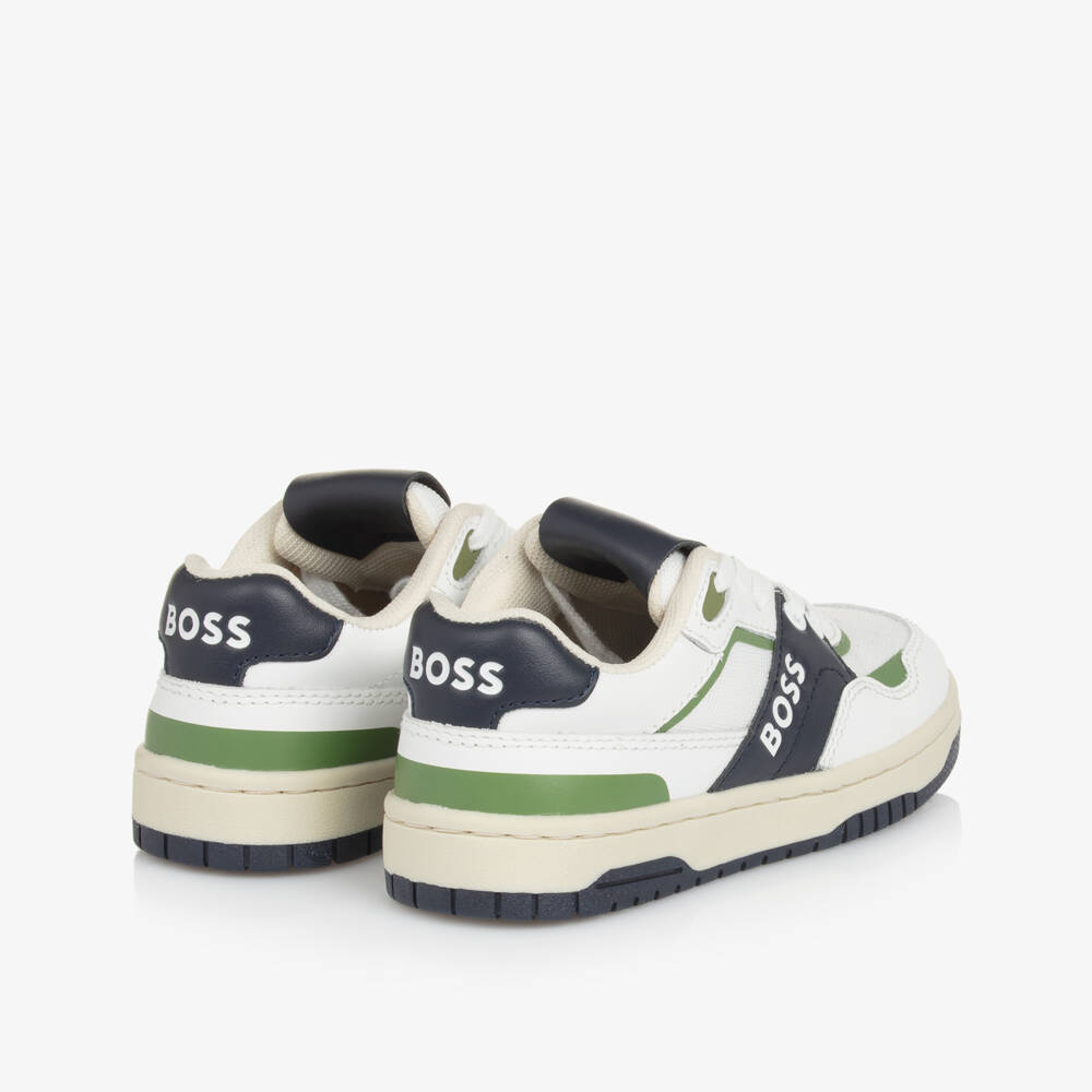 BOSS-Boys White & Navy Blue Leather Trainers | Childrensalon