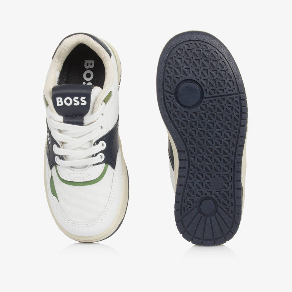 BOSS-Boys White & Navy Blue Leather Trainers | Childrensalon