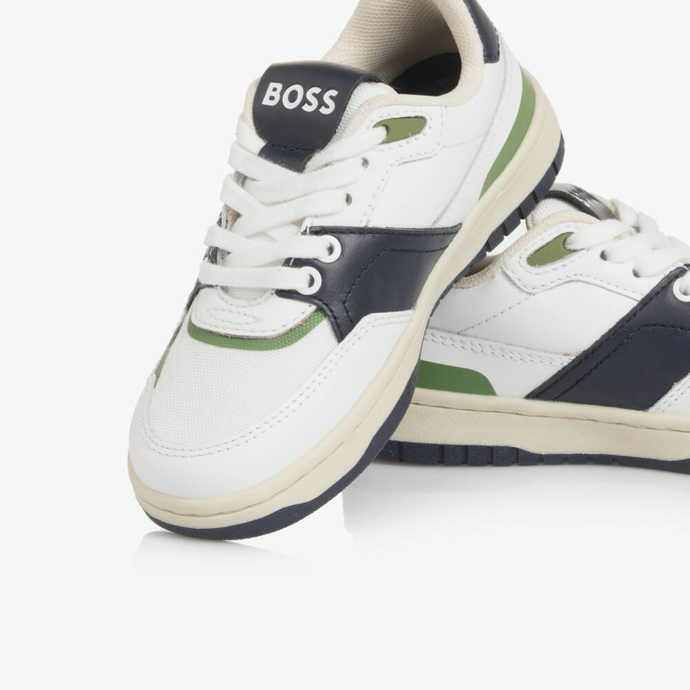 BOSS-Boys White & Navy Blue Leather Trainers | Childrensalon