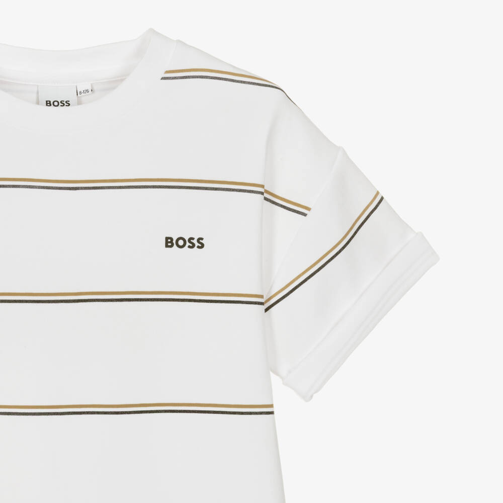 BOSS-Boys White Oversize T-Shirt with Stripes | Childrensalon