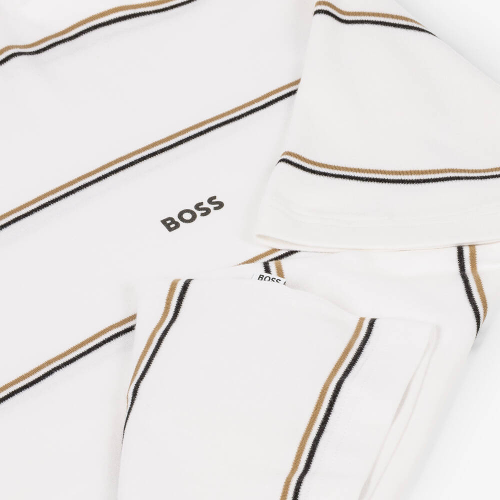 BOSS-Boys White Oversize T-Shirt with Stripes | Childrensalon