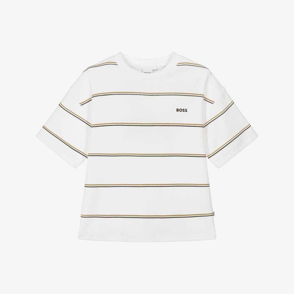 BOSS-Boys White Oversize T-Shirt with Stripes | Childrensalon