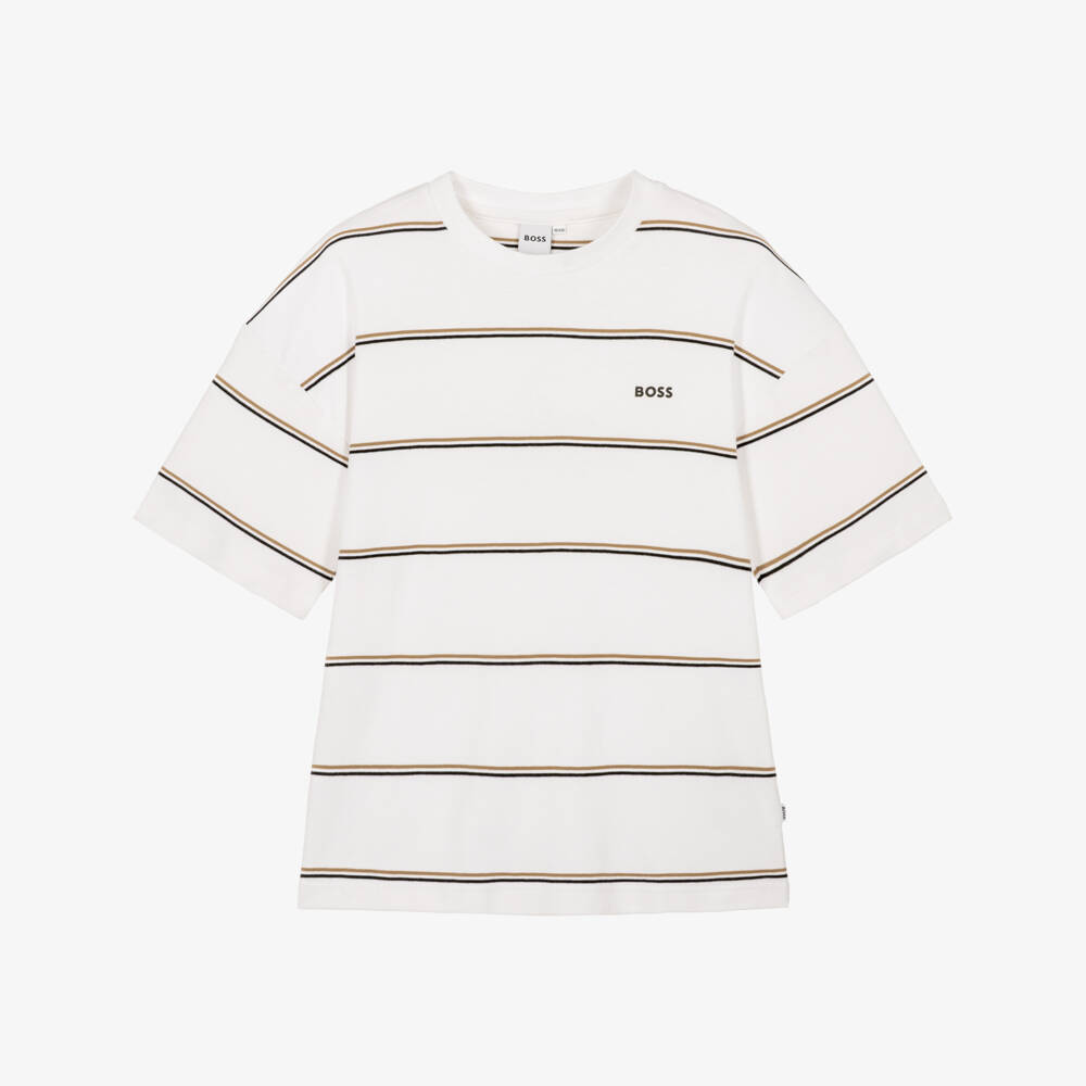 BOSS-Boys White Oversize T-Shirt with Stripes | Childrensalon