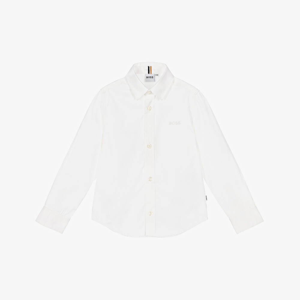 BOSS-قميص قطن أكسفورد لون أبيض للأولاد | Childrensalon