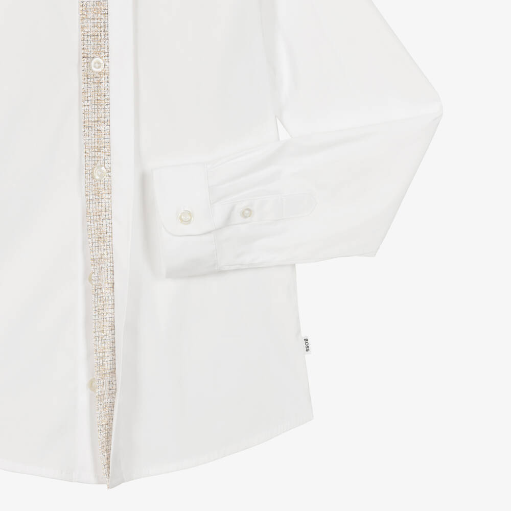 BOSS-Boys White Poplin Shirt with Check Placket | Childrensalon