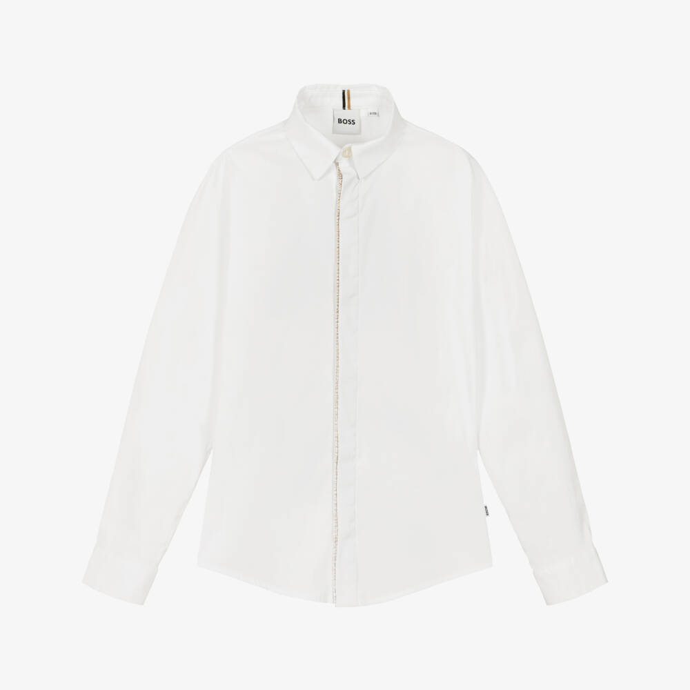 BOSS-Boys White Poplin Shirt with Check Placket | Childrensalon