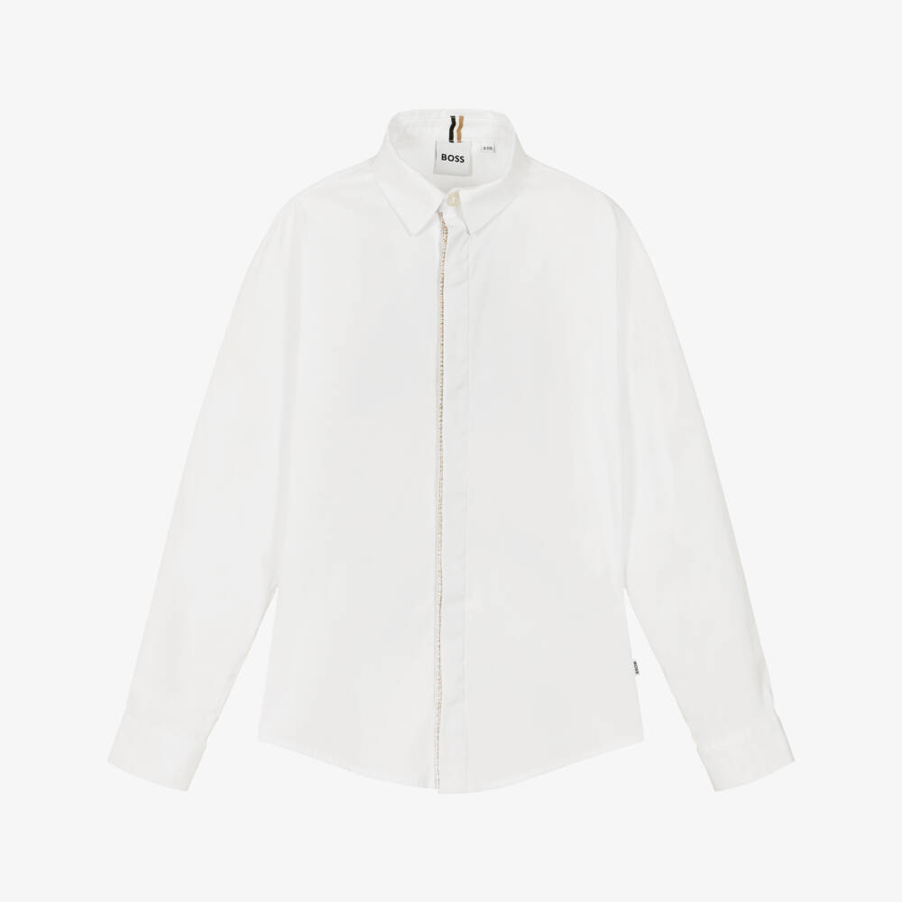 BOSS-Boys White Poplin Shirt with Check Placket | Childrensalon