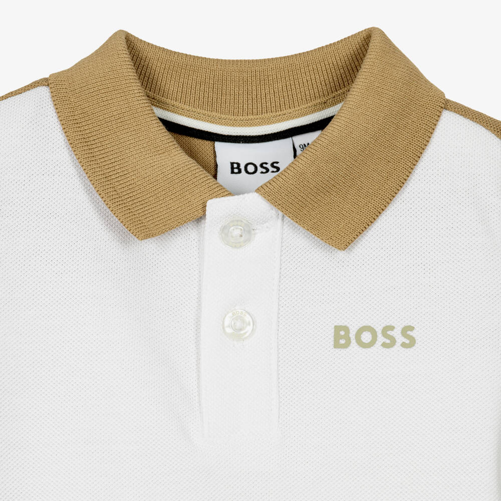BOSS-Boys White & Sage Green Colourblock Polo Shirt | Childrensalon