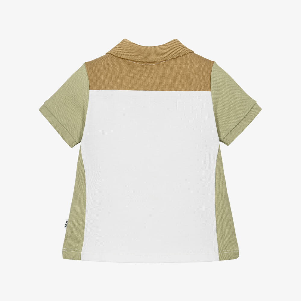 BOSS-Boys White & Sage Green Colourblock Polo Shirt | Childrensalon