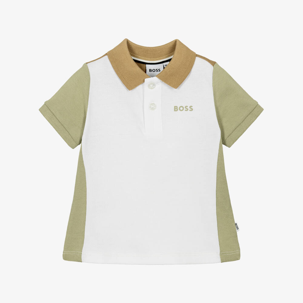 BOSS-Boys White & Sage Green Colourblock Polo Shirt | Childrensalon