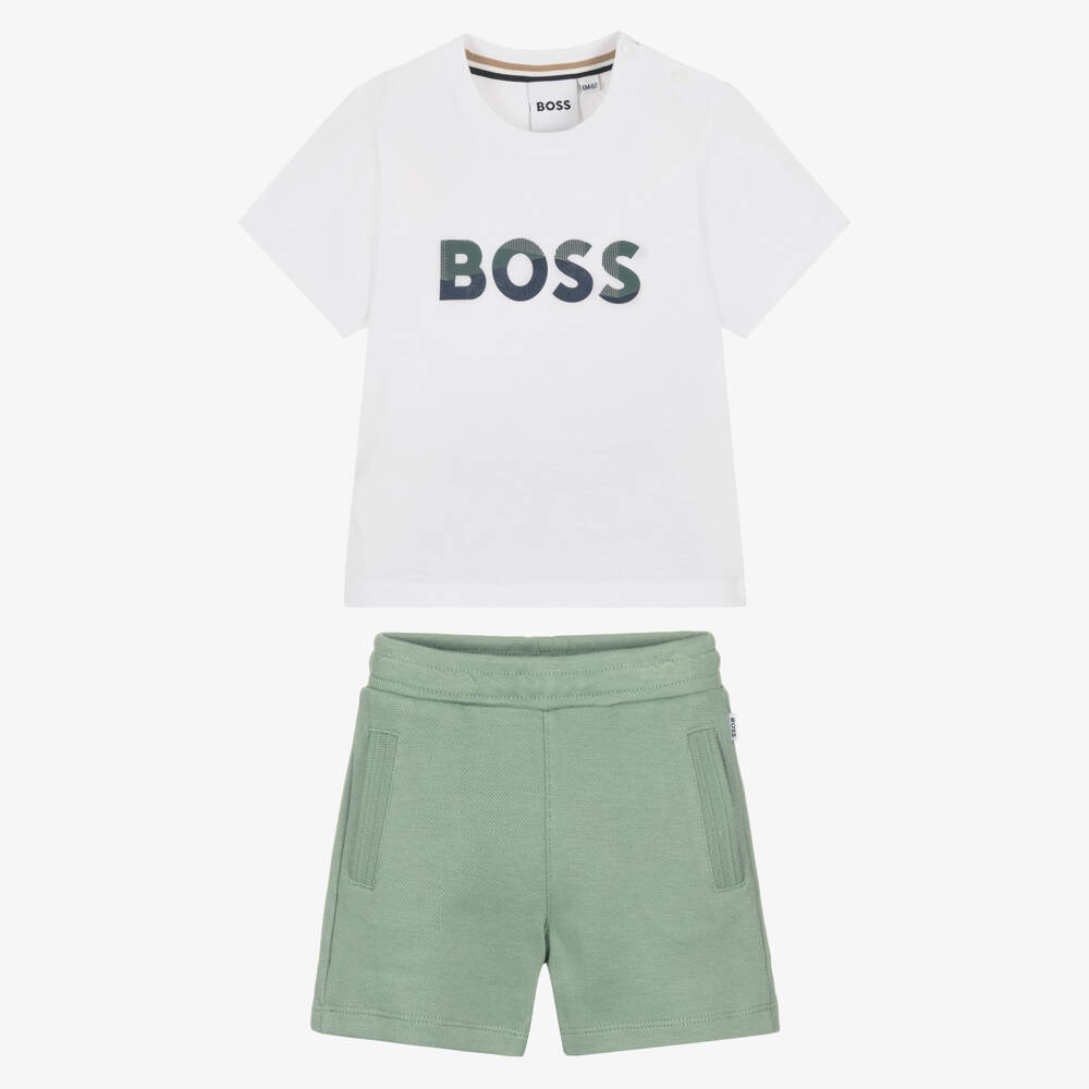 BOSS-طقم شورت وتيشيرت قطن لون أخضر وأبيض للأولاد | Childrensalon