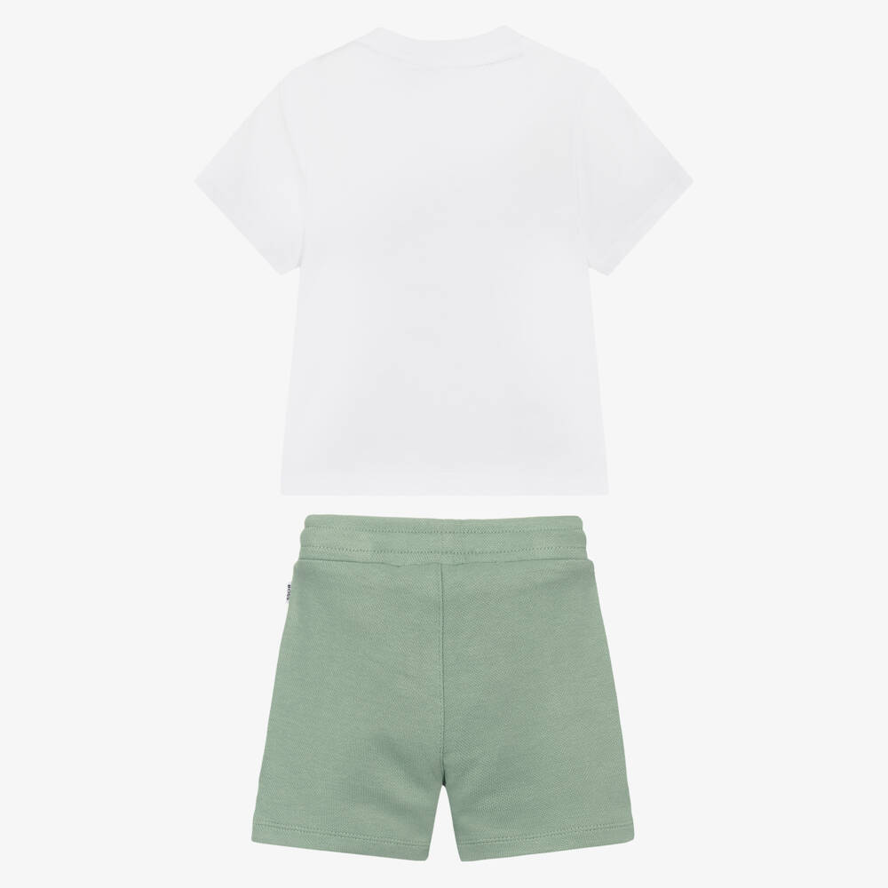 BOSS-طقم شورت وتيشيرت قطن لون أخضر وأبيض للأولاد | Childrensalon